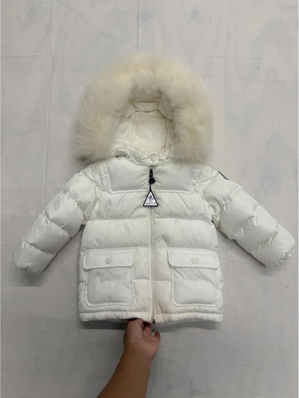 Moncler White Puffer Jacket with Fur Hood for Kids Size 18-24 Months